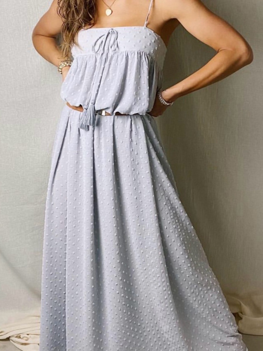 Light Blue/Grey Swiss Dot Maxi Dress with Spaghetti Straps